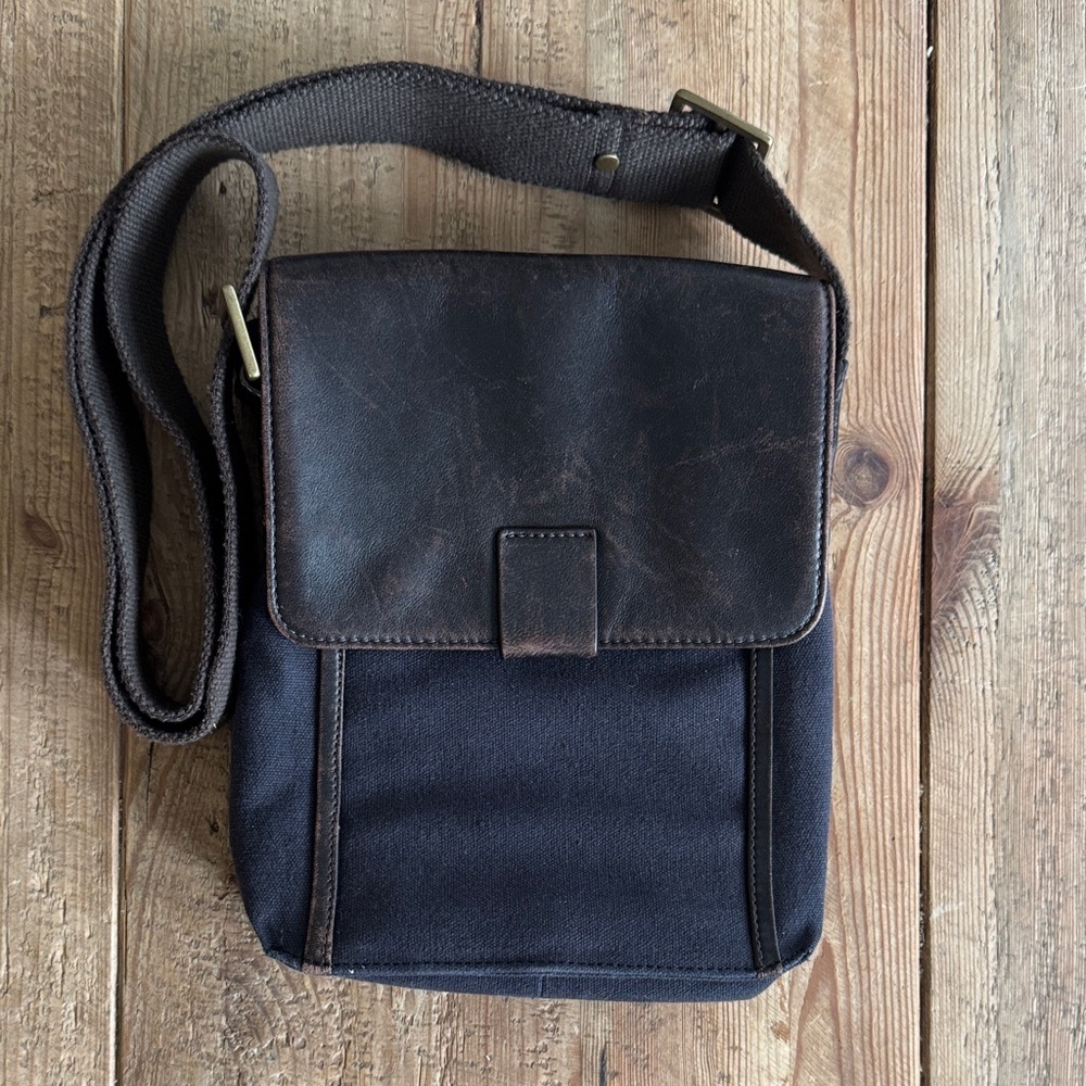 Scully Dark Brown and Navy Leather and Canvas Messenger Bag
